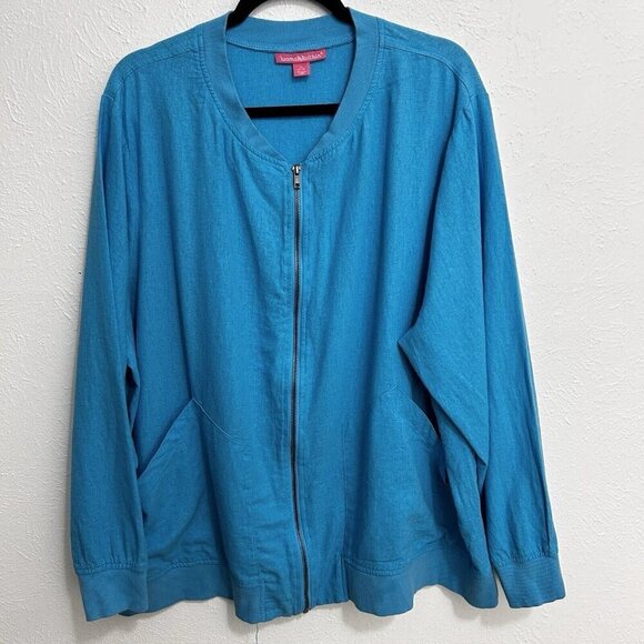 Woman Within Size 2X (18 / 20) Jacket Zipper Front Linen Rayon Blend Cyan Blue - Picture 1 of 12
